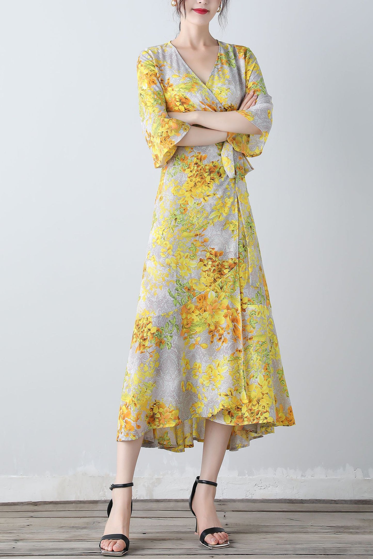 Yellow floral V-neck romantic dress C3453
