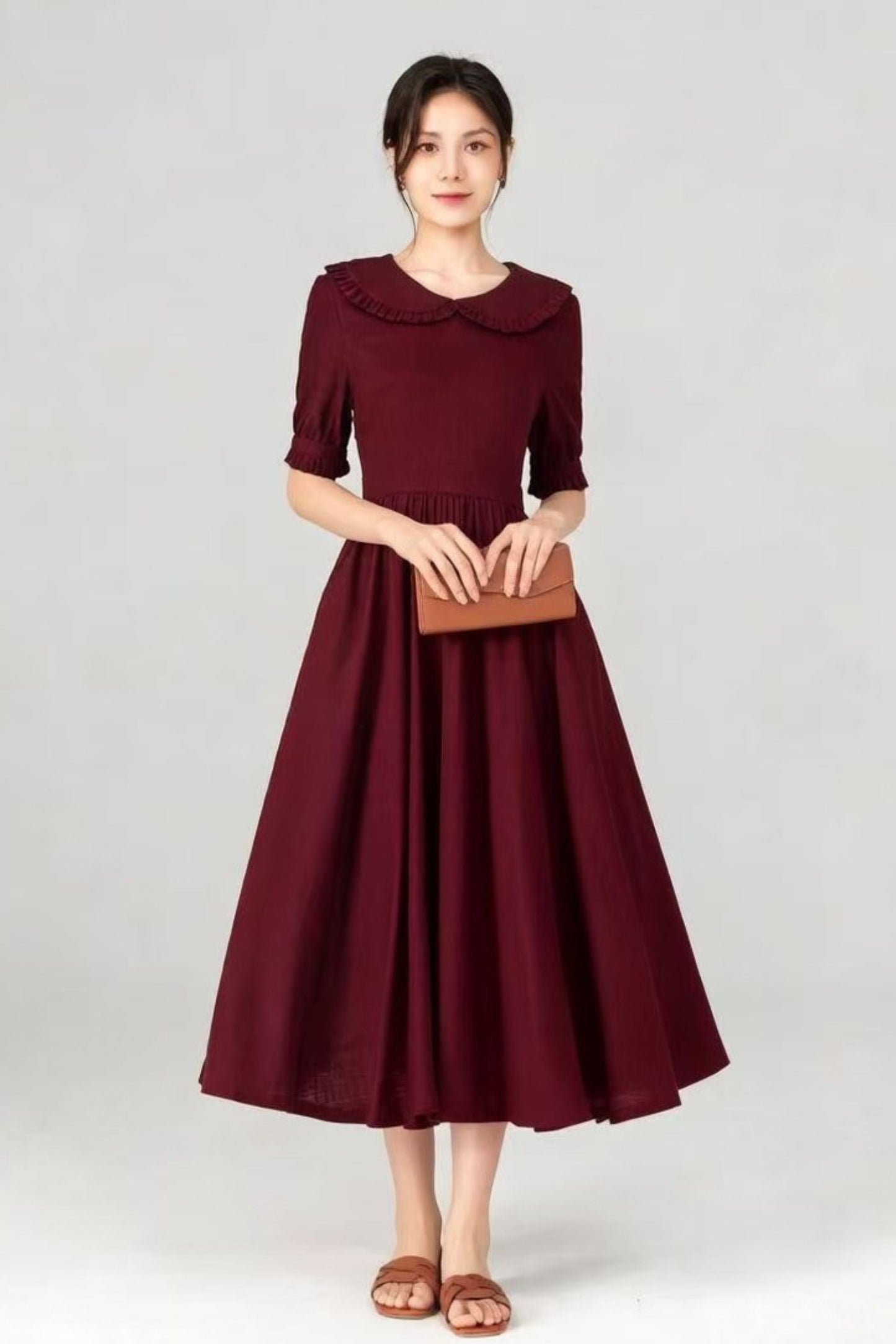 Dark Green Linen Midi Dress - Peter Pan Collar, Puff Sleeve c5515
