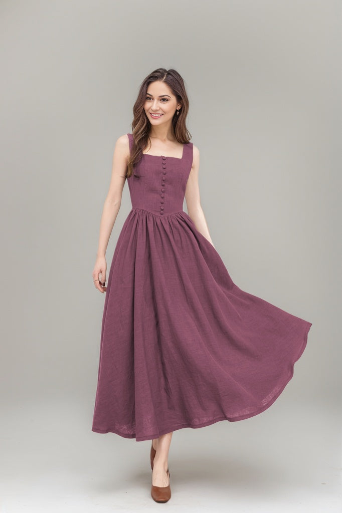 Purple Sleeveless Linen Pinafore Dress C4789