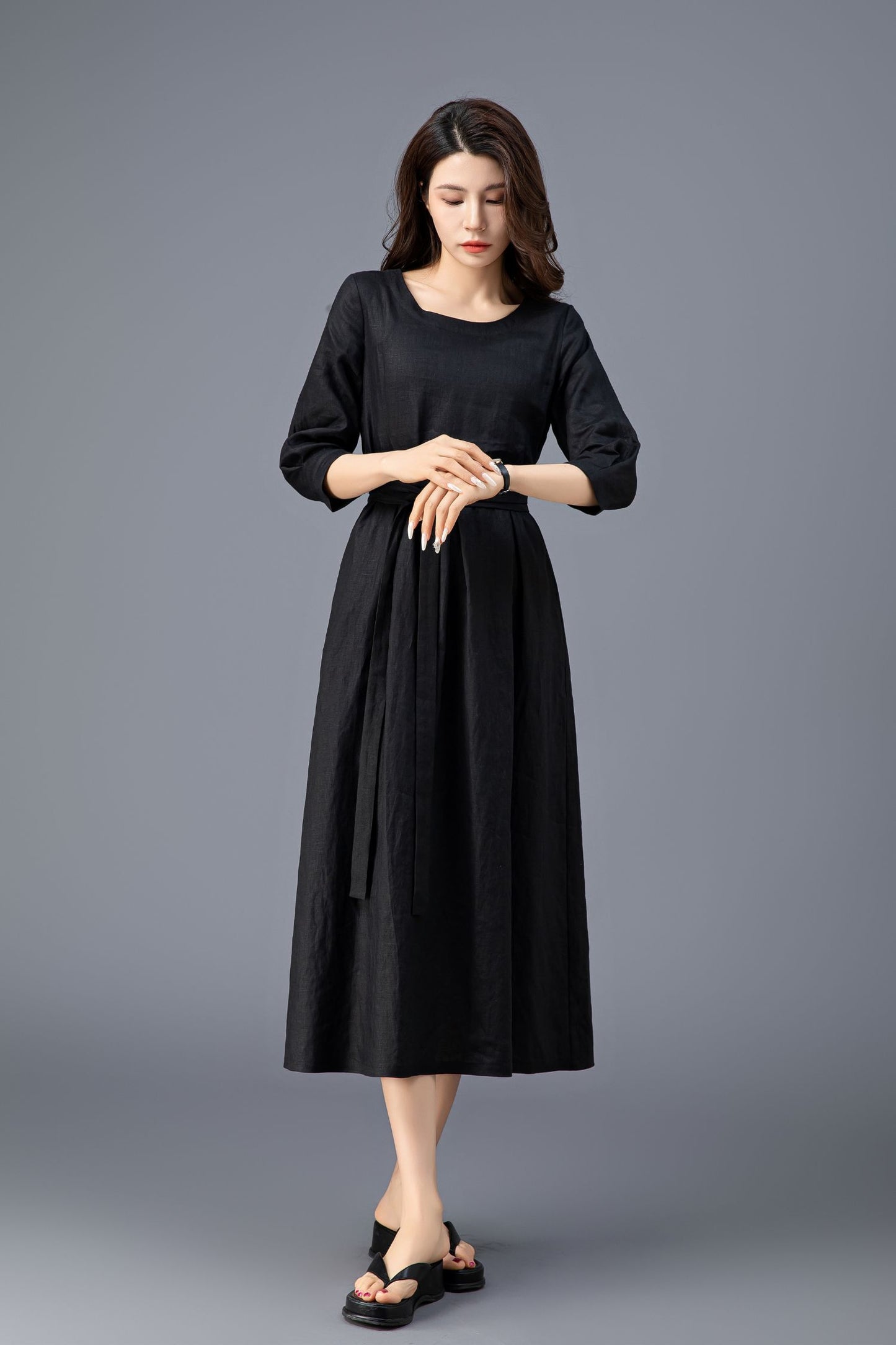 Women's Casual Belted  Black Linen Dress C3911