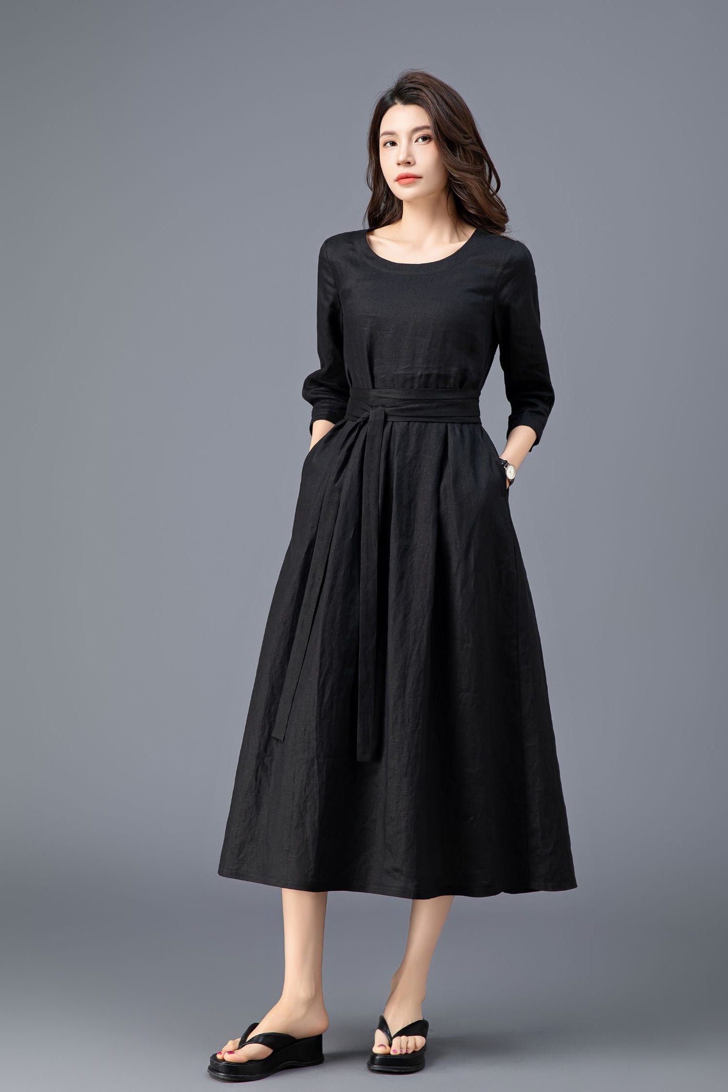 Women's Casual Belted  Black Linen Dress C3911