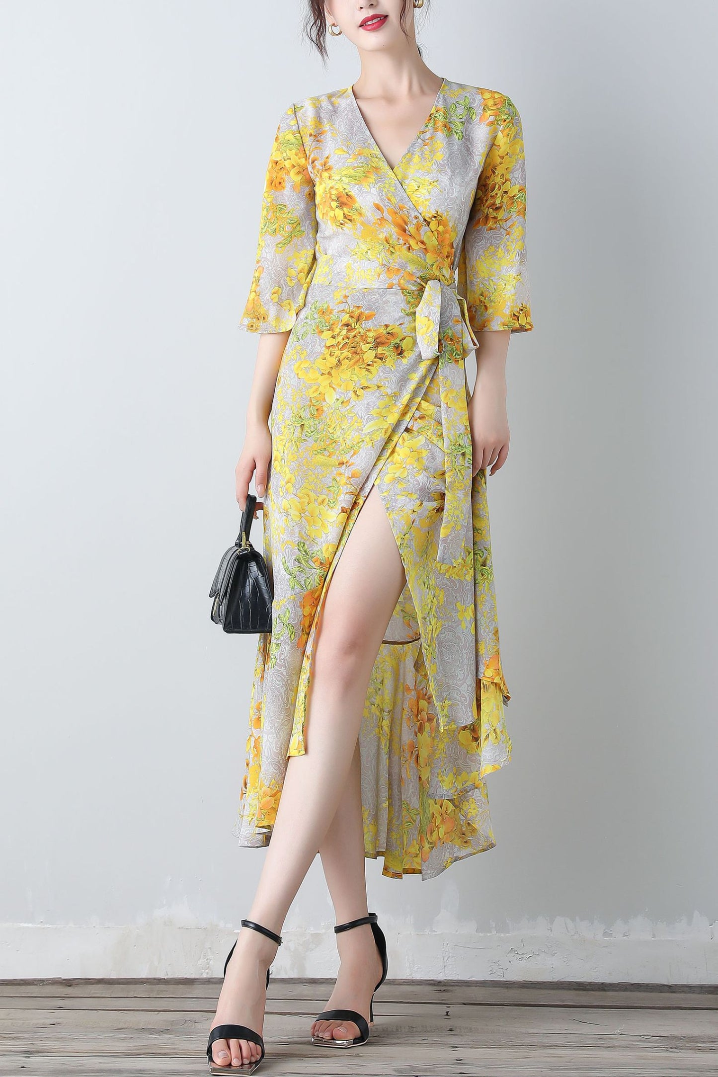 Yellow floral V-neck romantic dress C3453