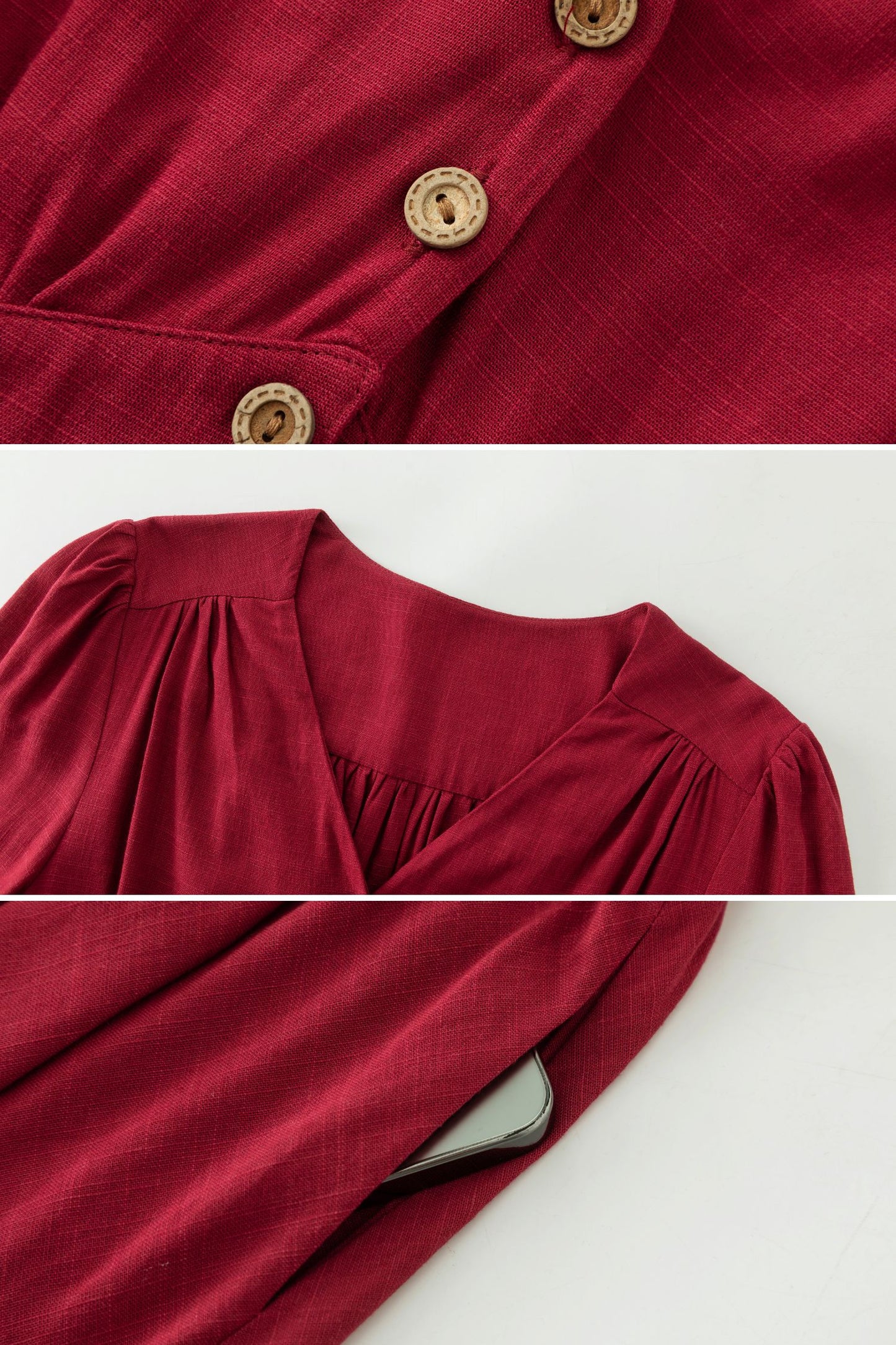 Red Linen Midi Dress - Button Front, V-Neck, Long Sleeve c5516