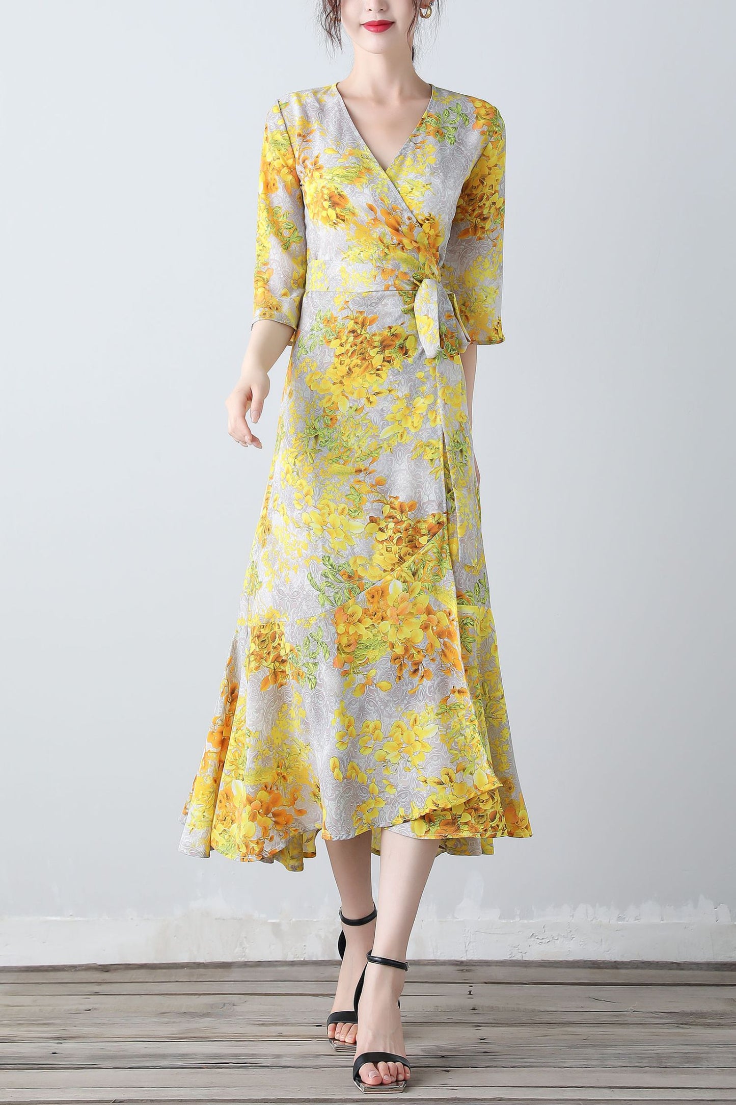 Yellow floral V-neck romantic dress C3453