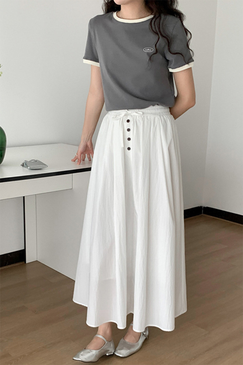 White Cotton Midi Skirt - High Waisted A-Line with Button Detail C3341