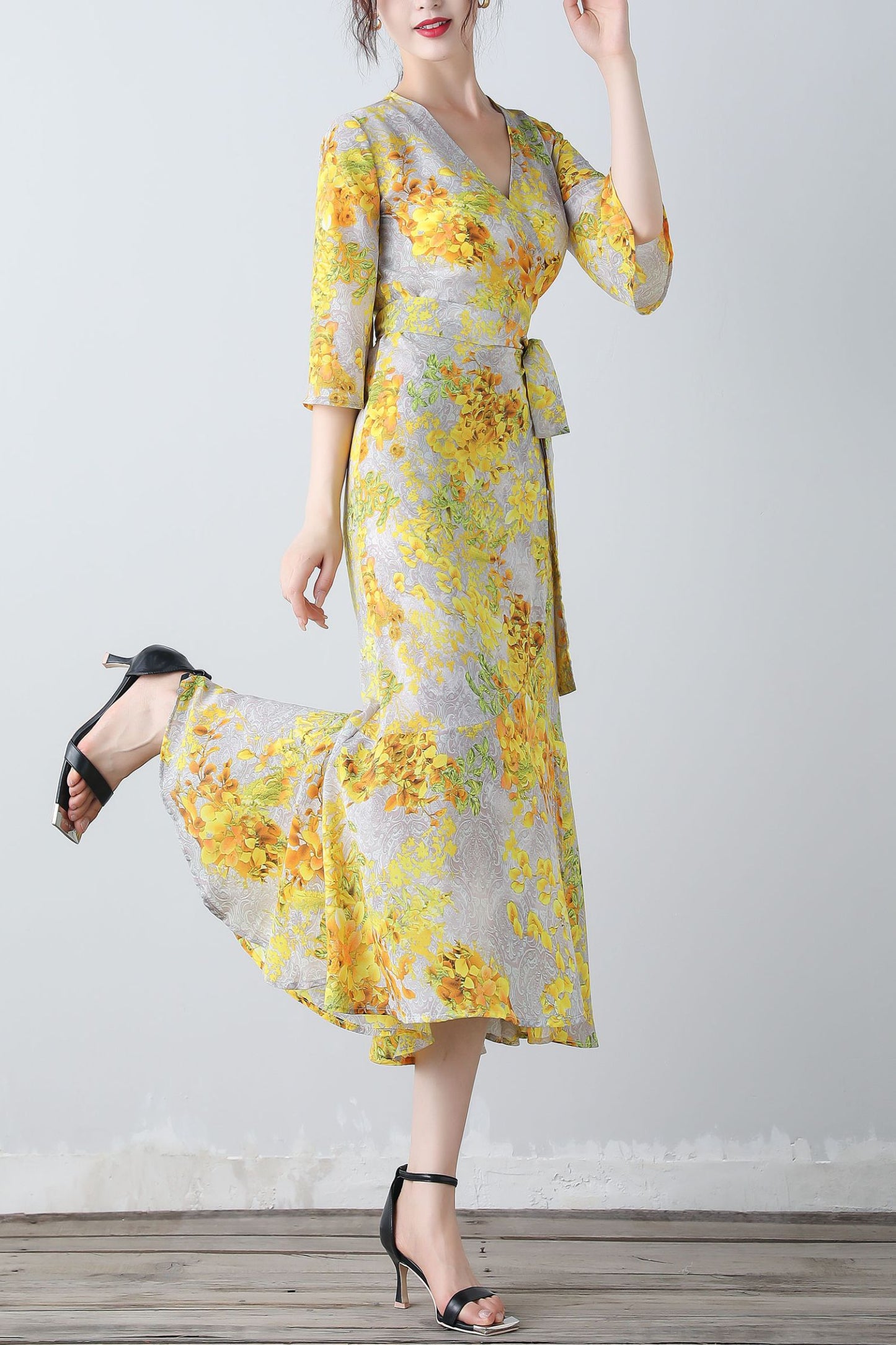 Yellow floral V-neck romantic dress C3453