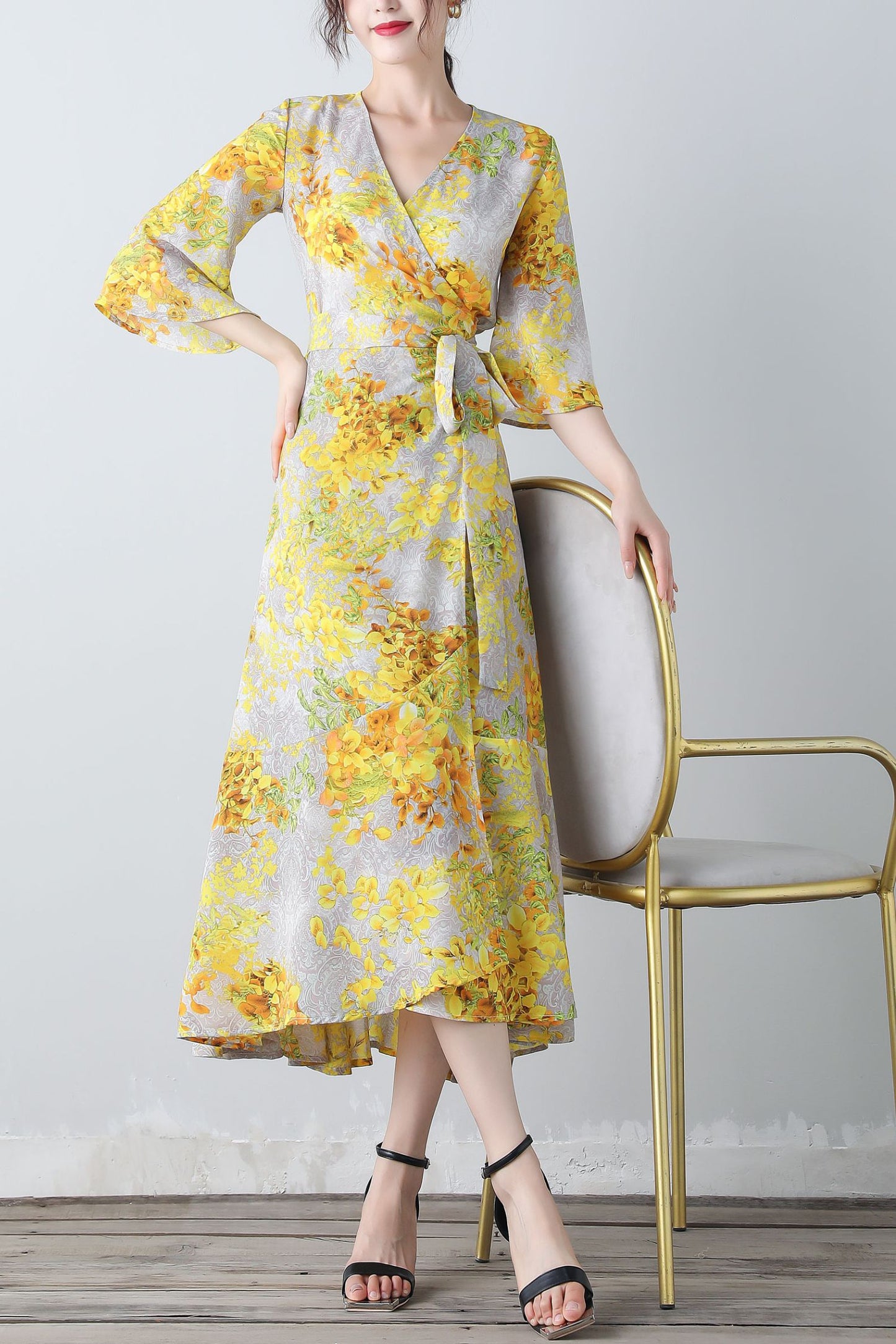 Yellow floral V-neck romantic dress C3453