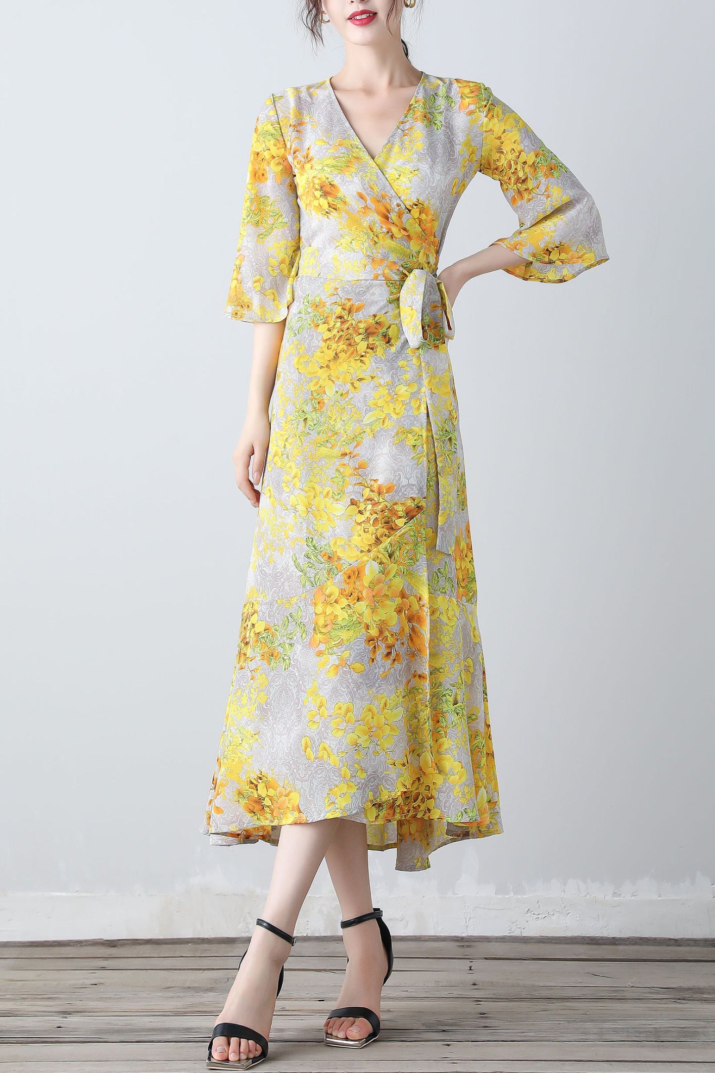 Yellow floral V-neck romantic dress C3453