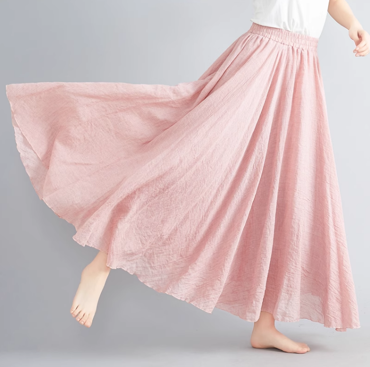 Elastic waist swing linen skirt women C5023-13 (pink)