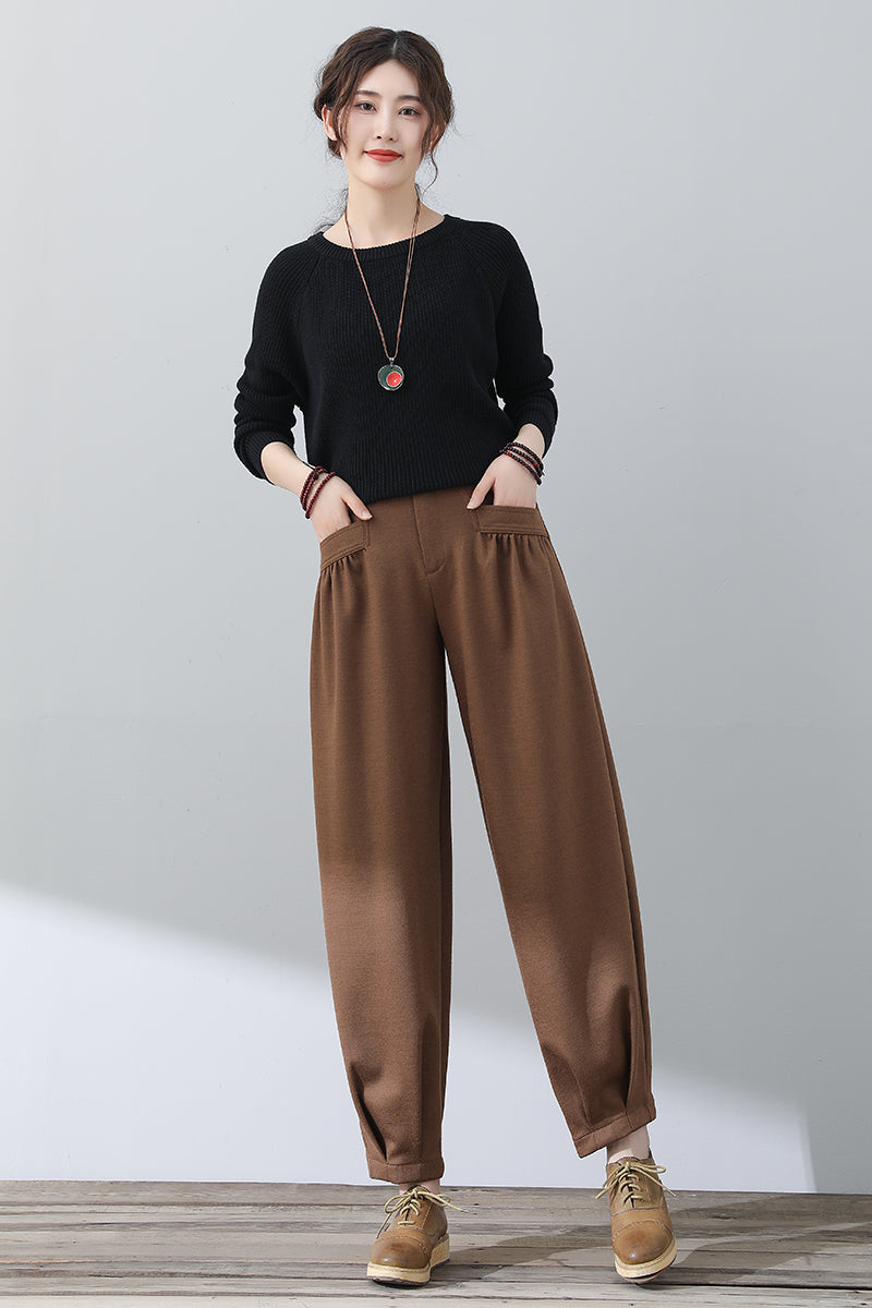 Long Brown Women Wool Pants C3022