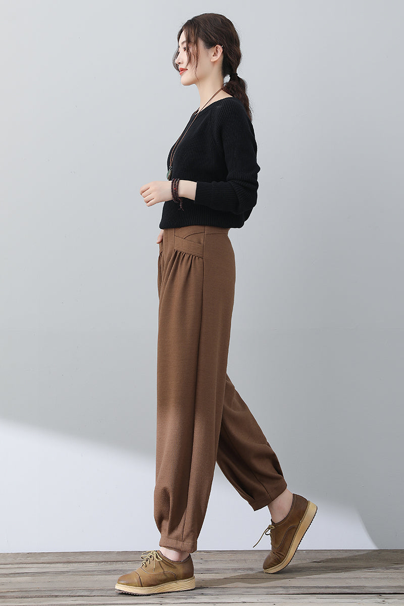 Long Brown Women Wool Pants C3022