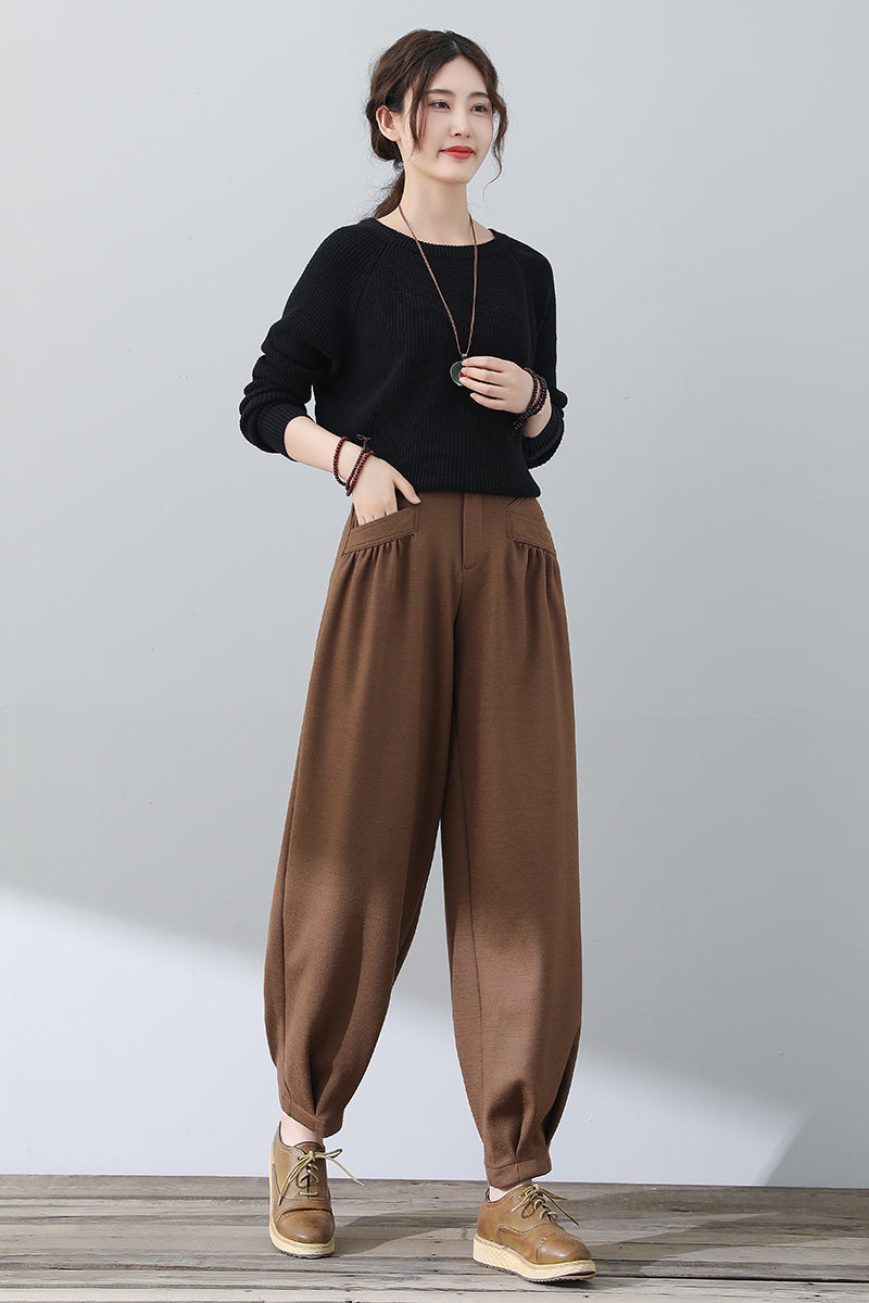 Long Brown Women Wool Pants C3022