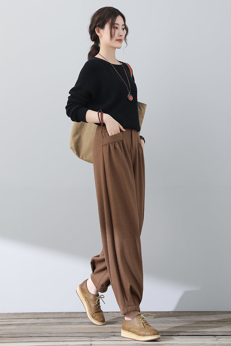 Long Brown Women Wool Pants C3022