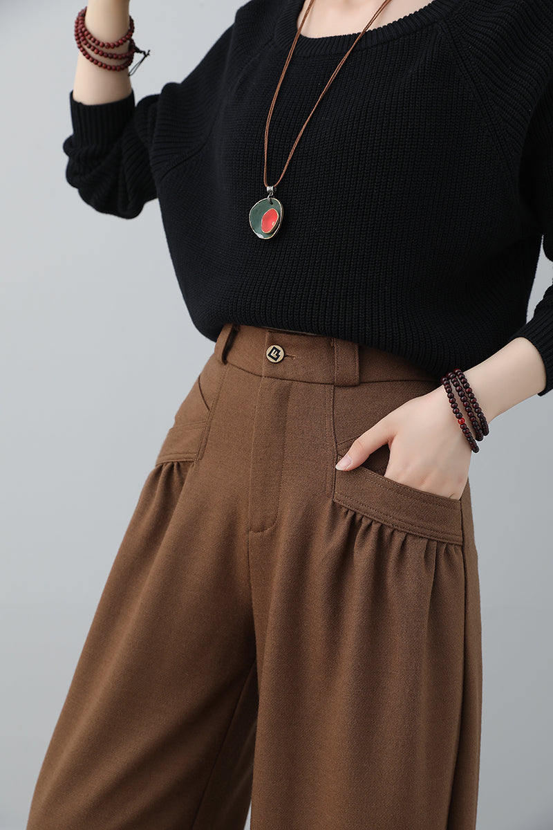 Long Brown Women Wool Pants C3022