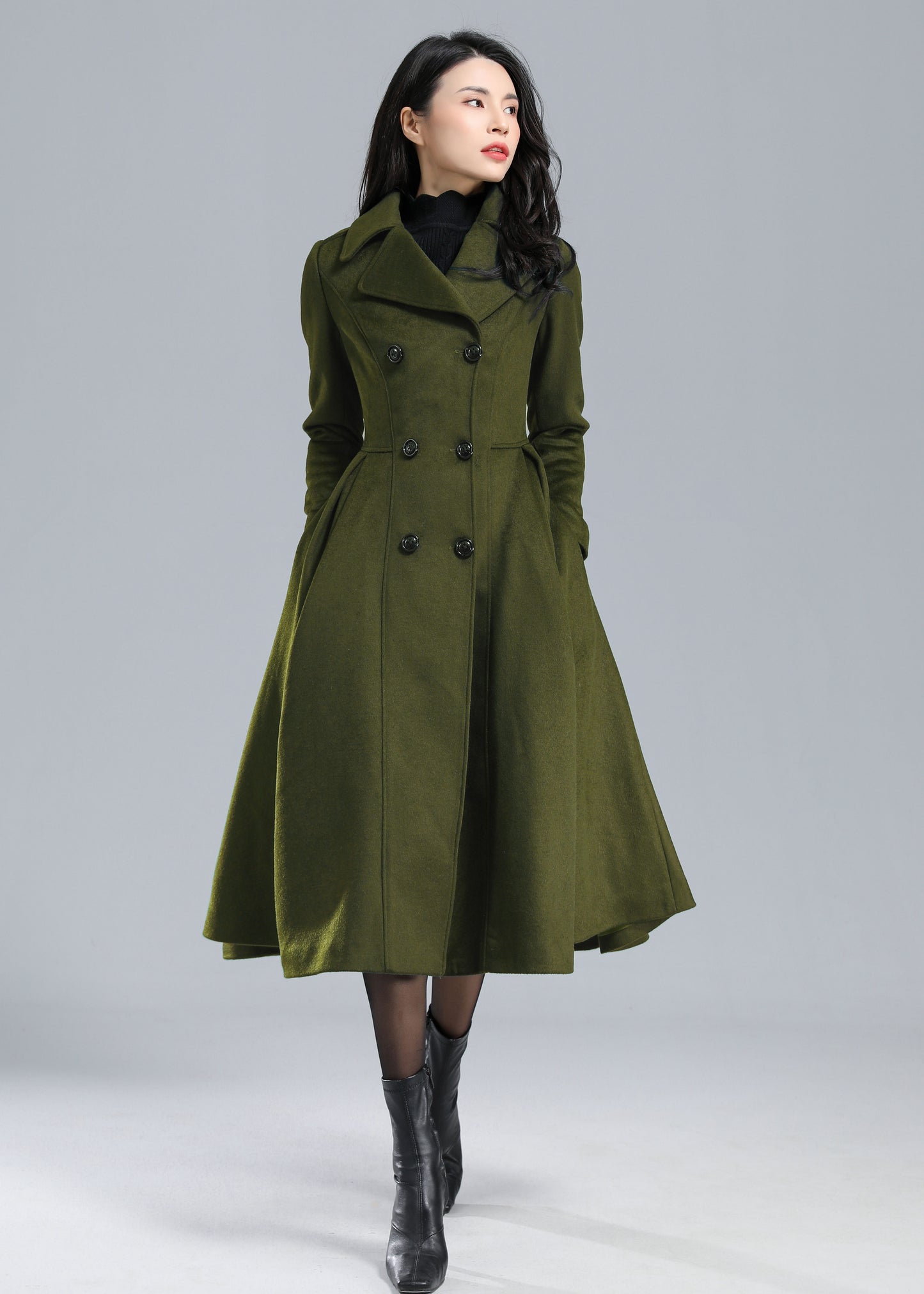 Army Green Trench Fit and Flare Double Breasted Wool Coat C4511