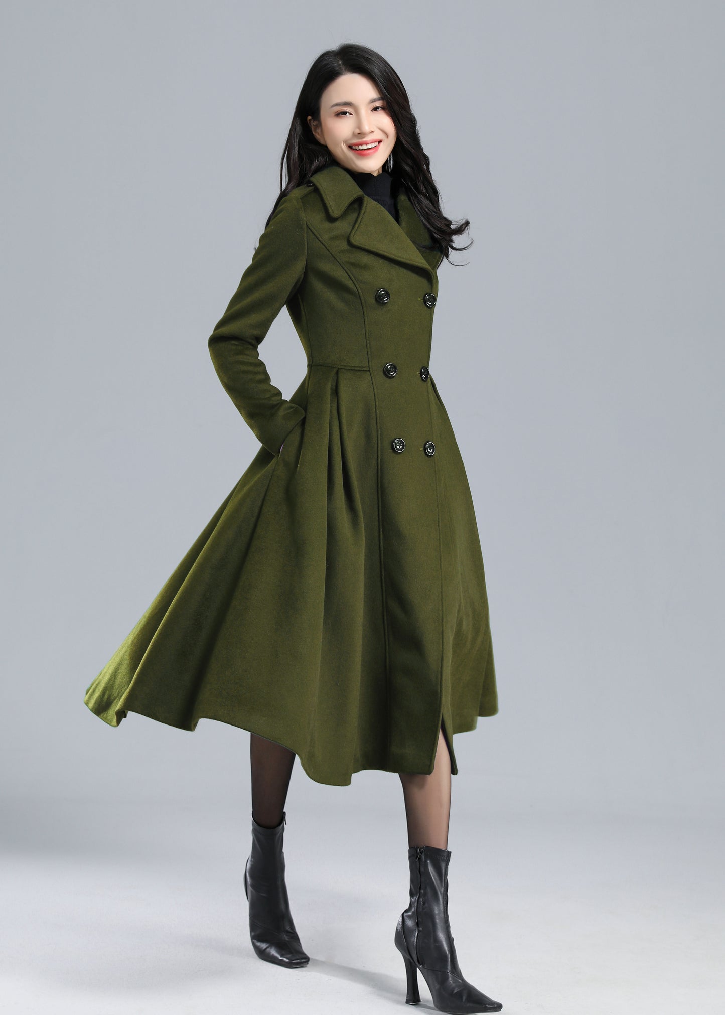 Army Green Trench Fit and Flare Double Breasted Wool Coat C4511