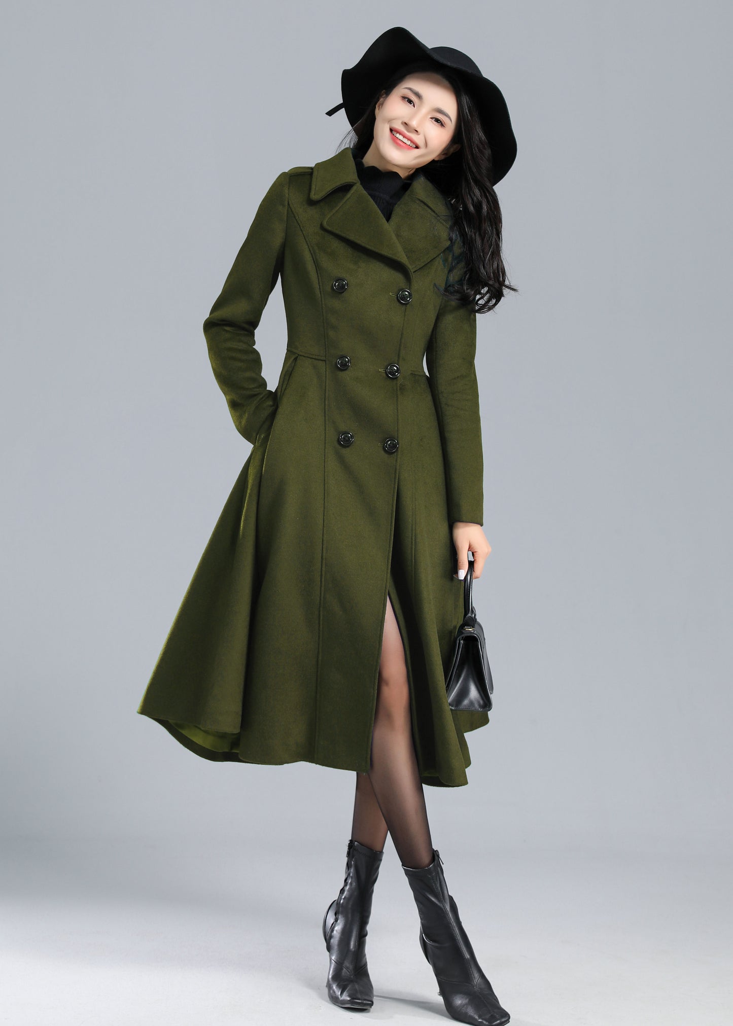 Army Green Trench Fit and Flare Double Breasted Wool Coat C4511