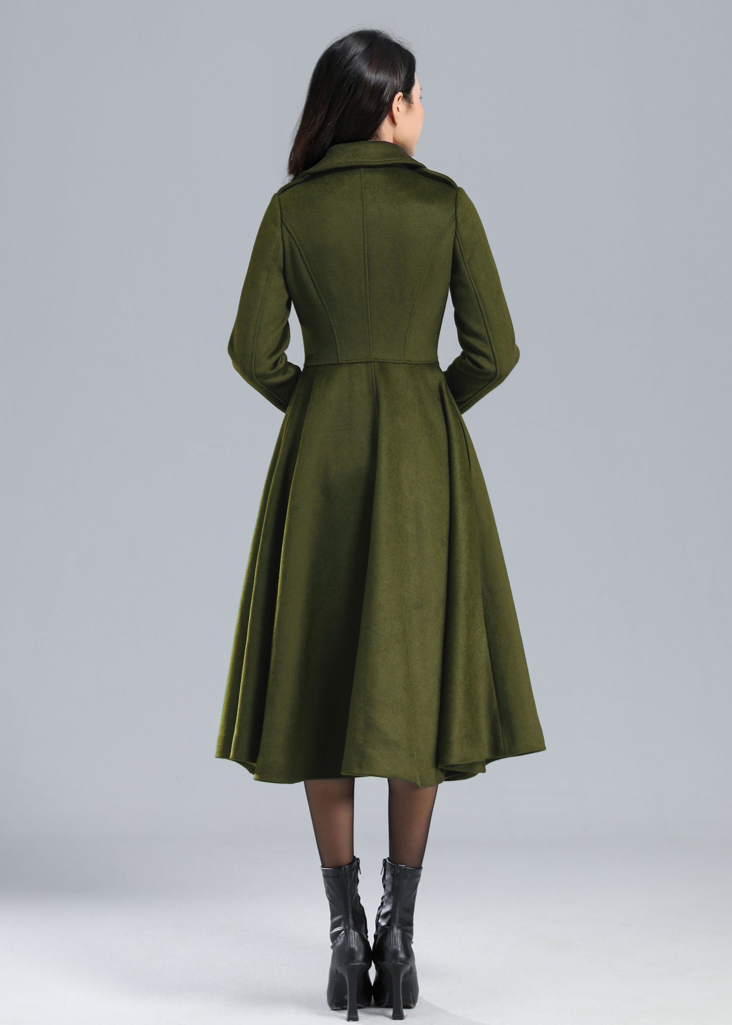 Army Green Trench Fit and Flare Double Breasted Wool Coat C4511