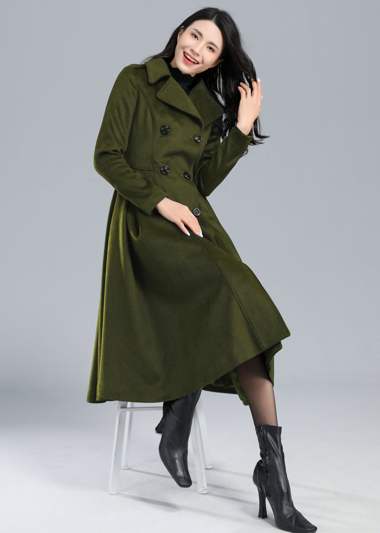 Army Green Trench Fit and Flare Double Breasted Wool Coat C4511