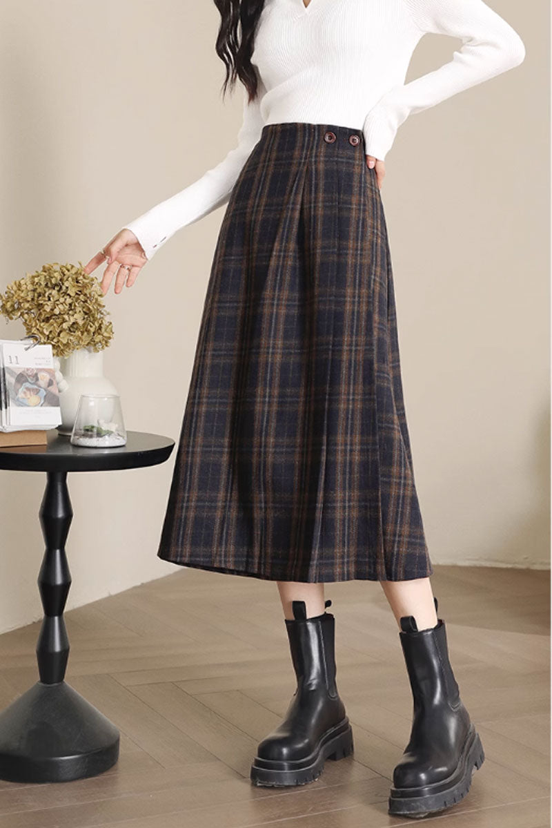 irregular midi a line plaid winter wool skirt C3716