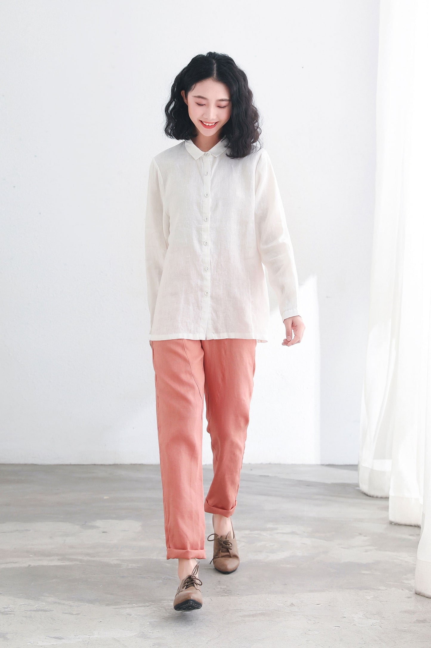 White Button Up Linen Shirts Women C2713-Size S #CK2200394