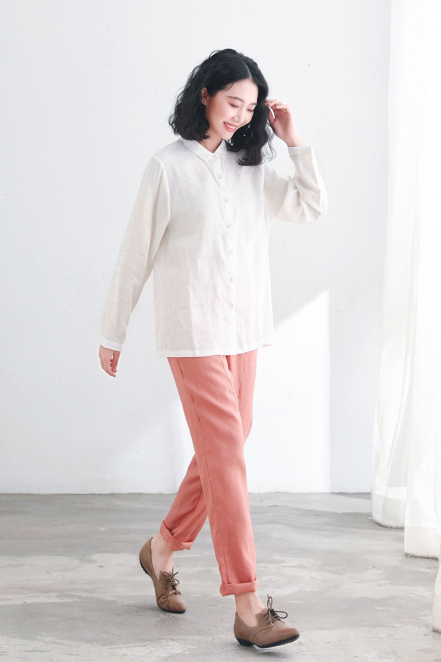 White Button Up Linen Shirts Women C2713-Size S #CK2200394