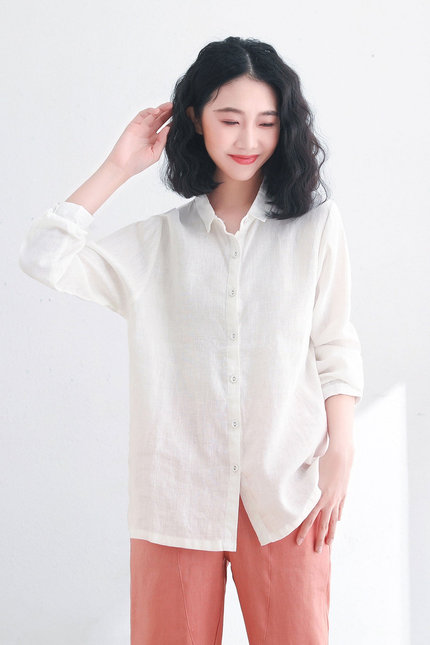 White Button Up Linen Shirts Women C2713-Size S #CK2200394