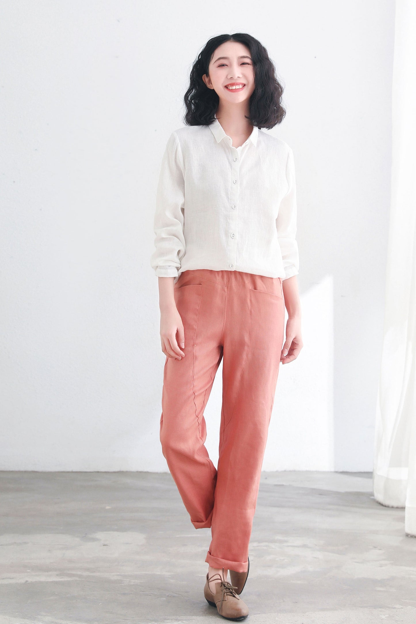 White Button Up Linen Shirts Women C2713-Size S #CK2200394