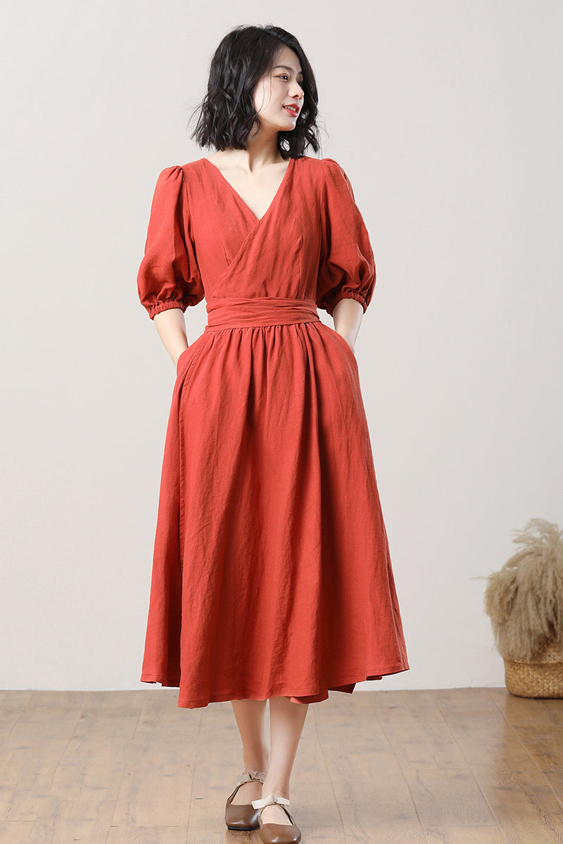 Women's Orange Linen Dress C3282,Size 170US02 #CK2300479