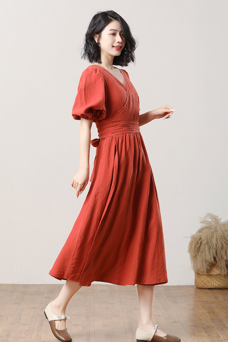 Women's Orange Linen Dress C3282,Size 170US02 #CK2300479