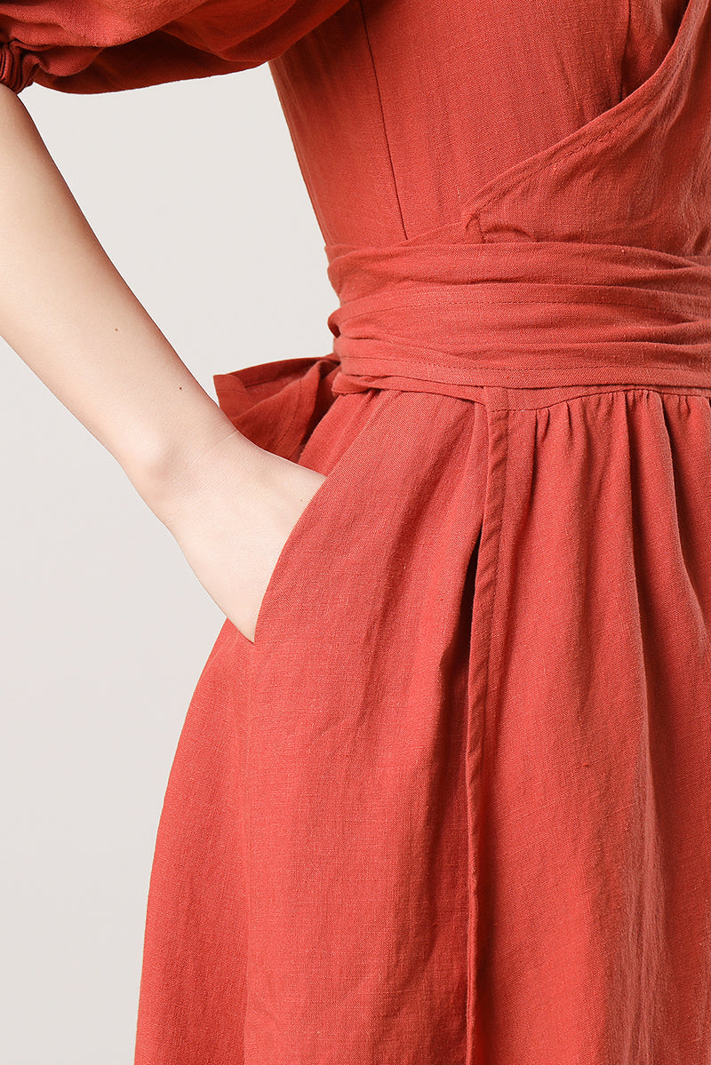 Women's Orange Linen Dress C3282,Size 170US02 #CK2300479