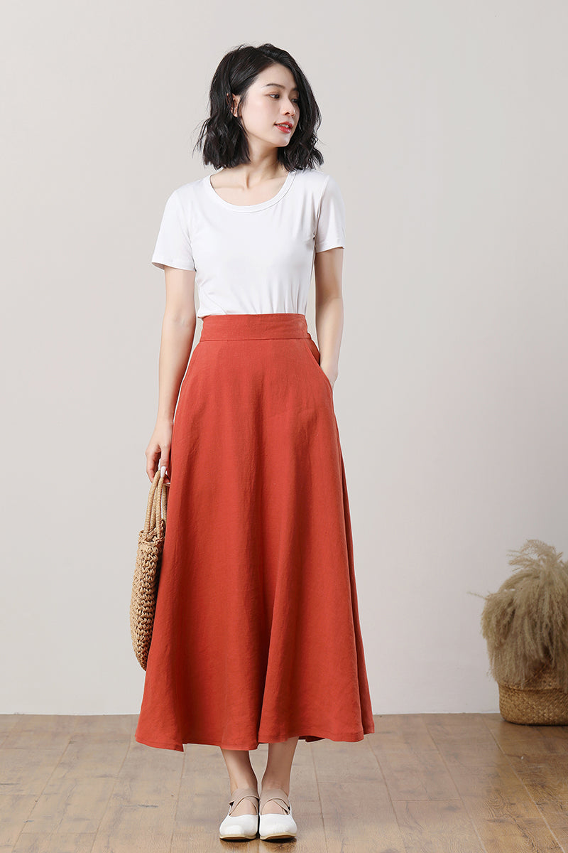 Orange Summer Linen Skirt C3286