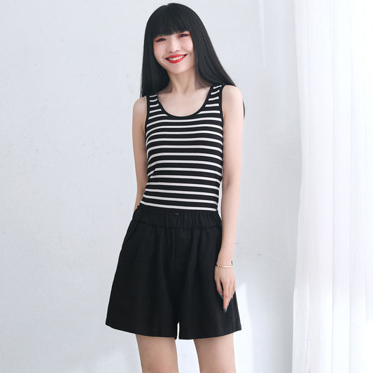 Black Linen High Waist Shorts - Relaxed Fit with Side Pockets c2668
