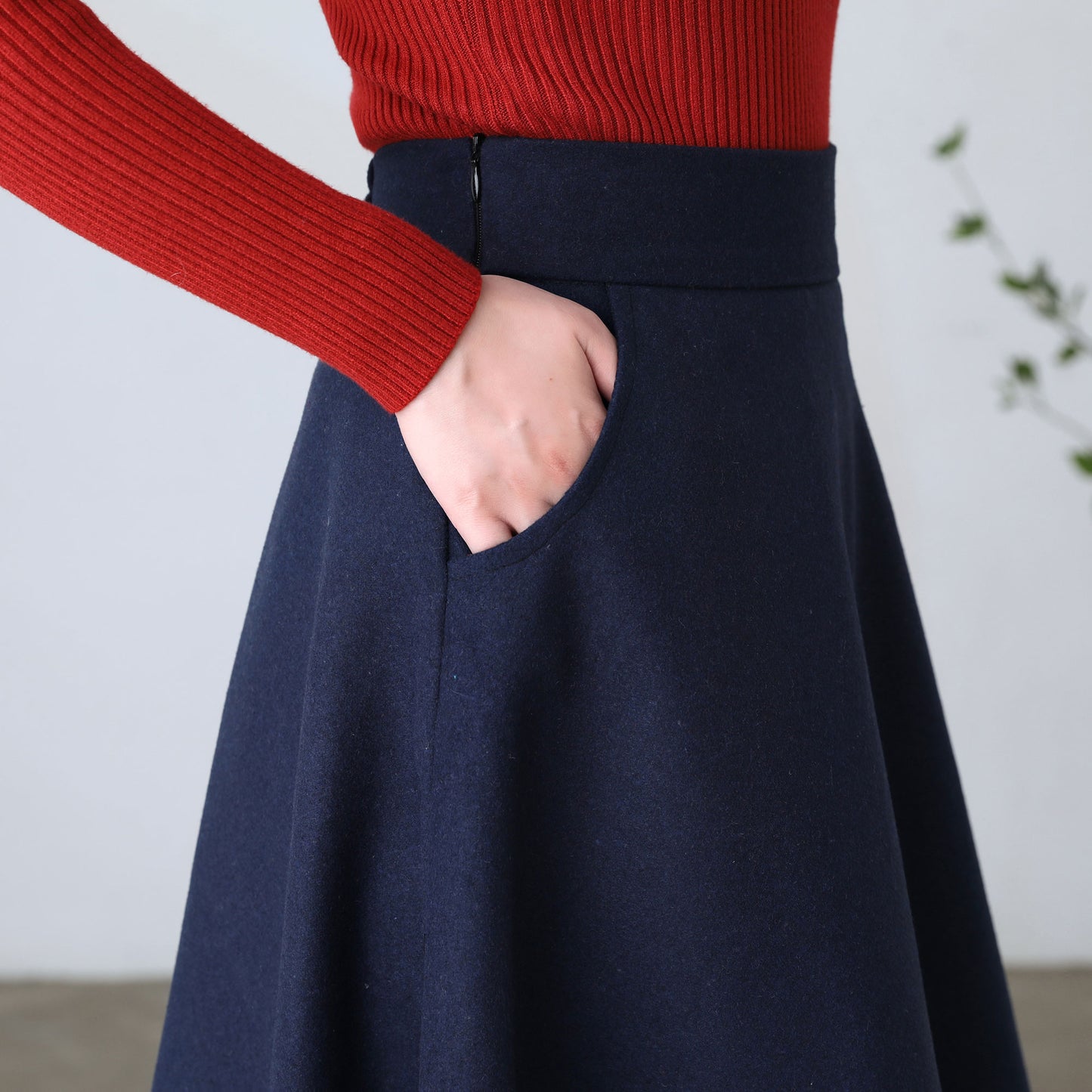 Dark Blue A Line High Waist Wool Skirt Women C5154