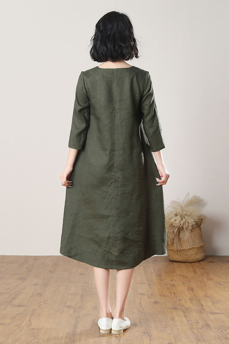 Army Green Midi Linen Dress C3265