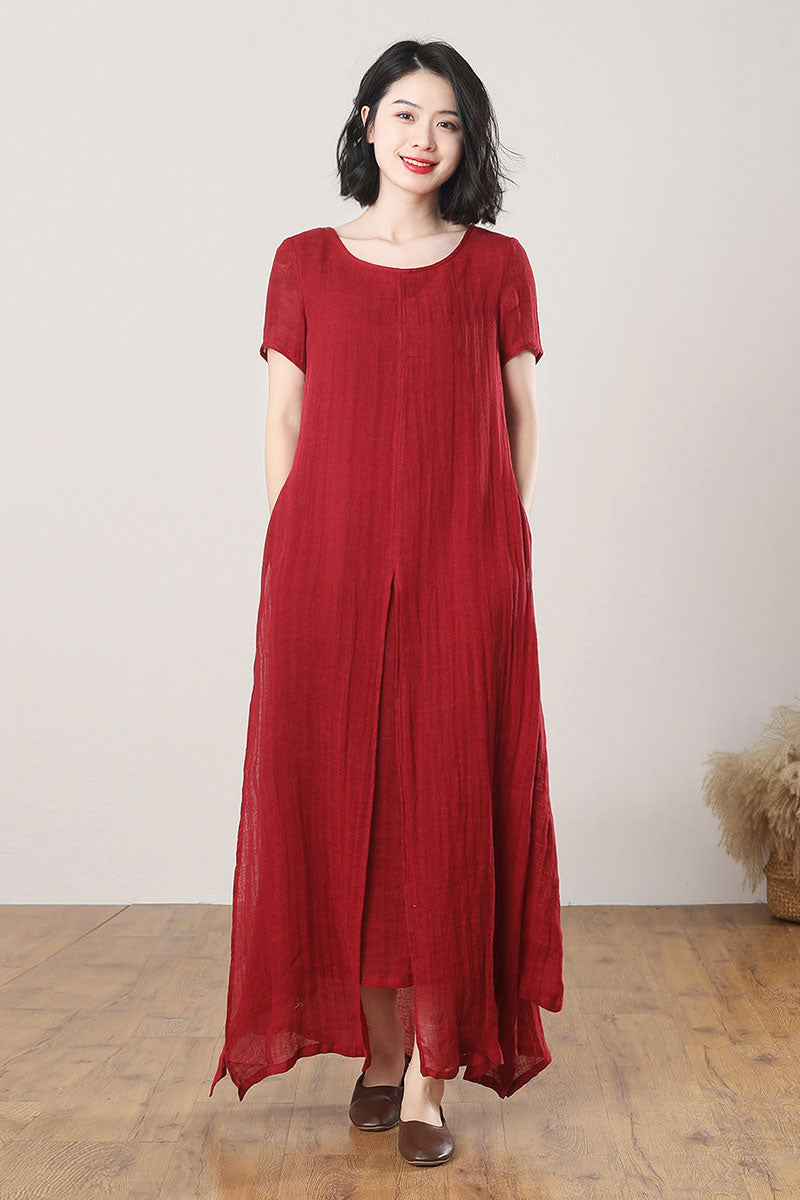 Summer Red Maxi Linen Dress C3268