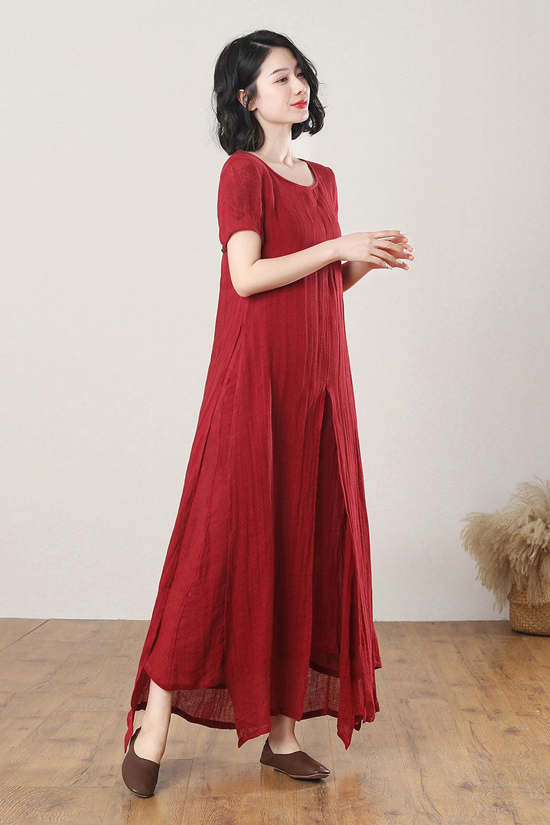 Summer Red Maxi Linen Dress C3268