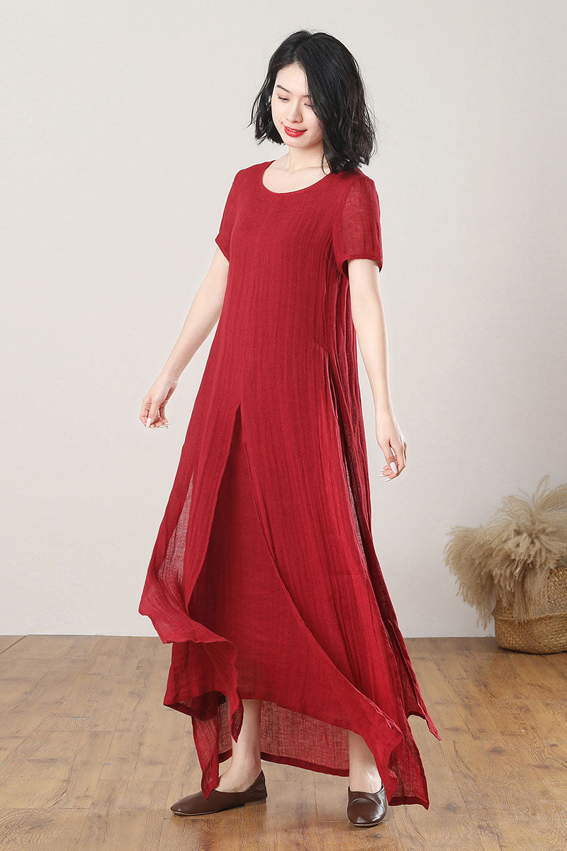 Summer Red Maxi Linen Dress C3268