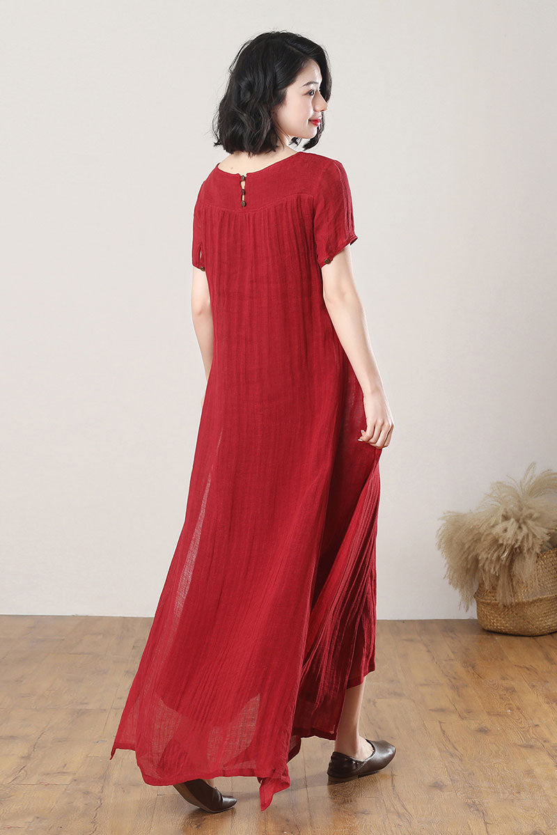 Summer Red Maxi Linen Dress C3268