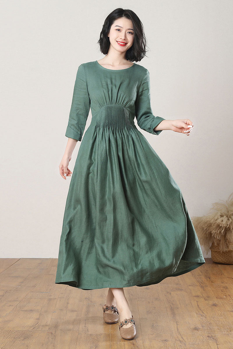 Green Casual Linen Maxi Dress C3269