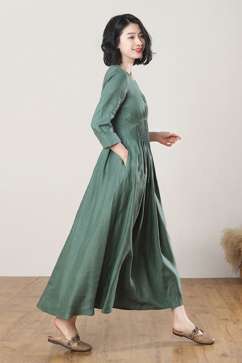 Green Casual Linen Maxi Dress C3269