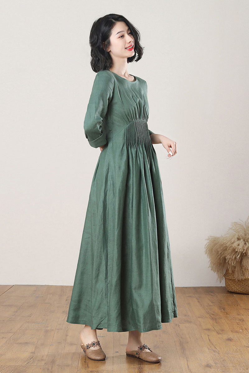 Green Casual Linen Maxi Dress C3269