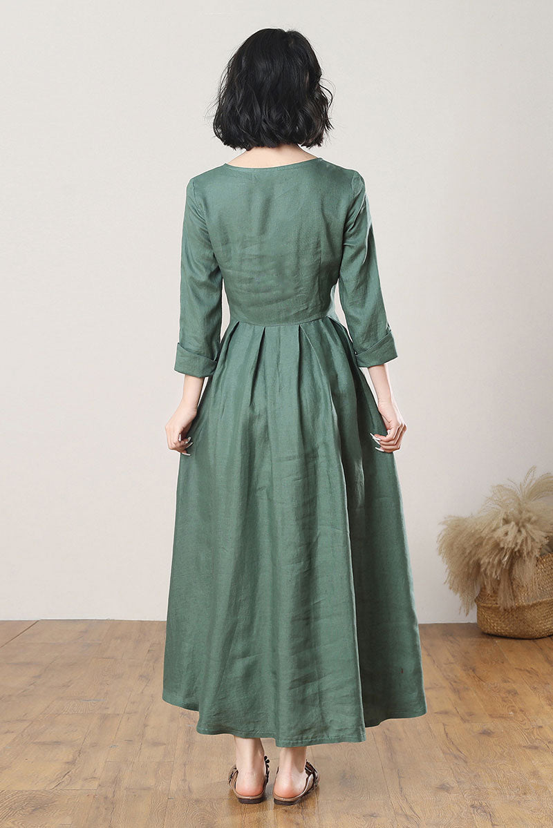Green Casual Linen Maxi Dress C3269