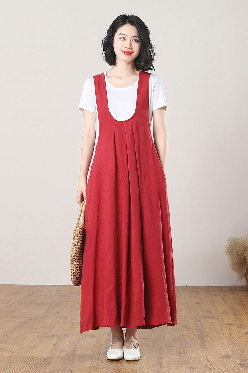 Red Loose Linen Pinafore Dress C3270