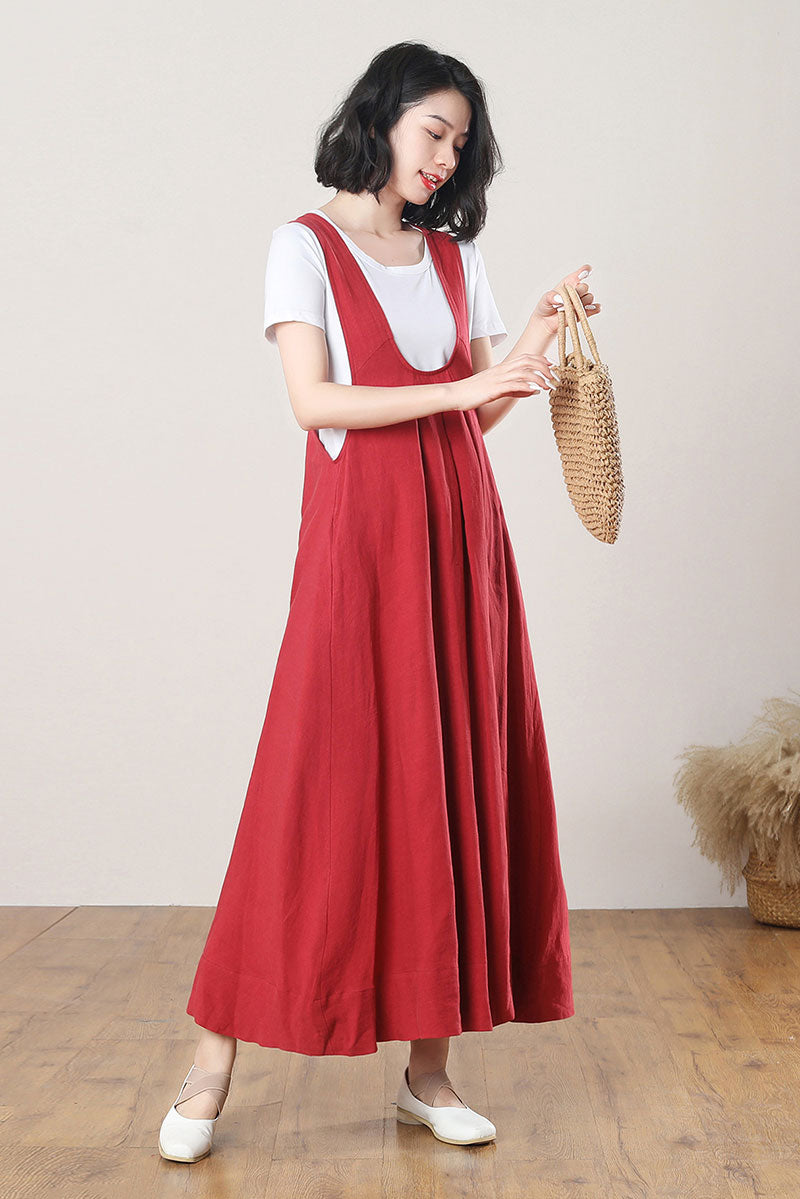 Red Loose Linen Pinafore Dress C3270
