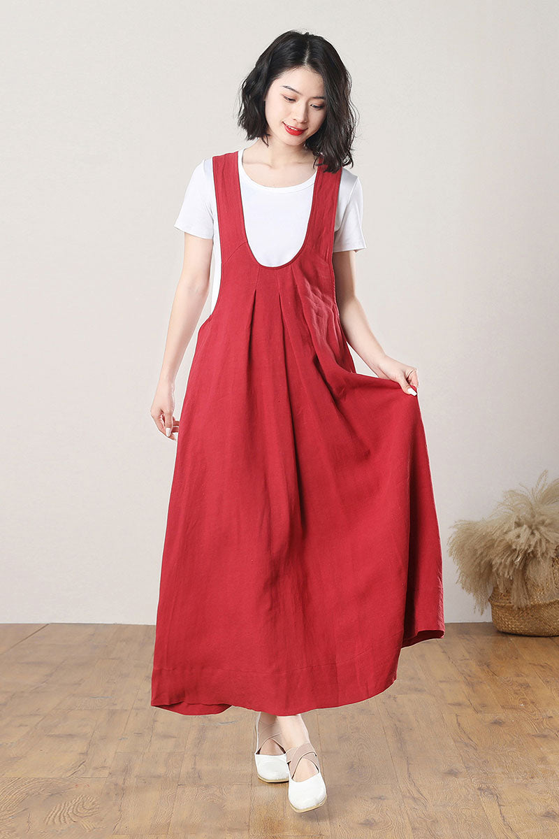 Red Loose Linen Pinafore Dress C3270