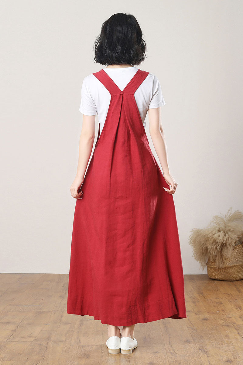 Red Loose Linen Pinafore Dress C3270
