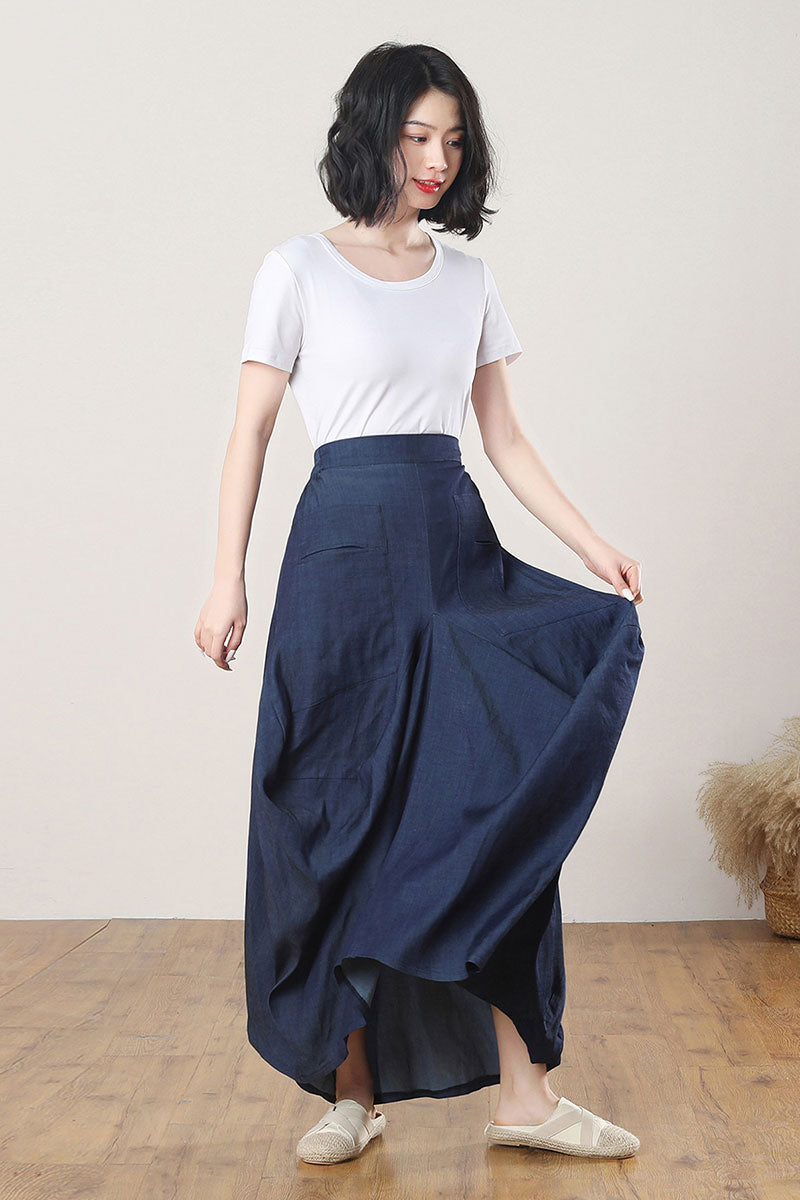 Navy Blue Long Pleated Skirt C3273