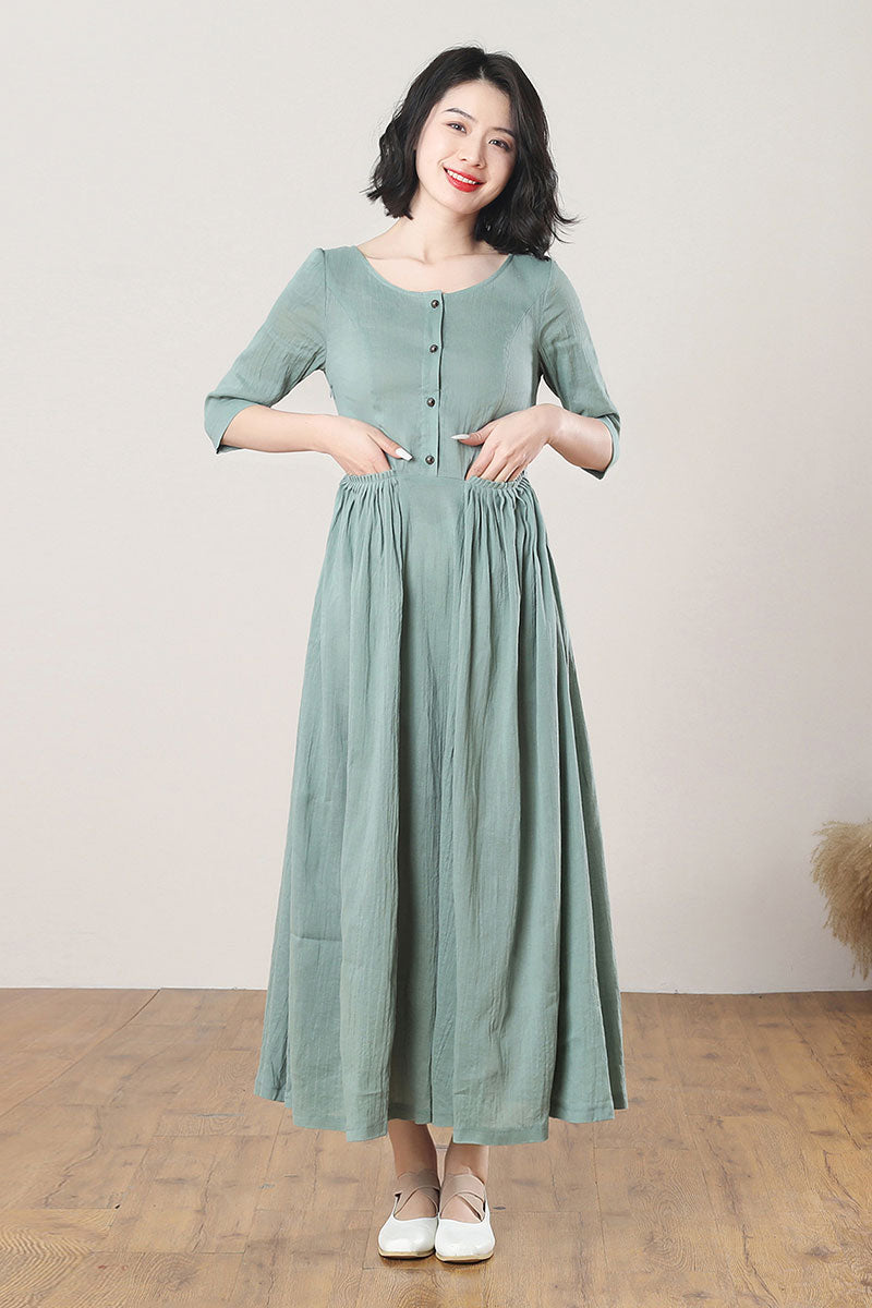 Green Long Swing Linen Dress C3275
