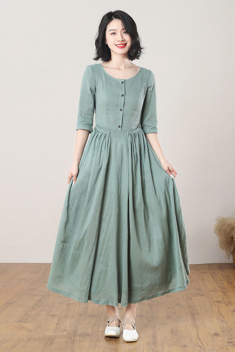 Green Long Swing Linen Dress C3275